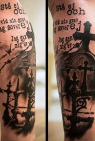 Calf black gray graveyard with cross letter tattoo pattern