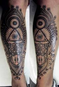 Leg black prickly anchor eyes van Gogh tattoo pattern