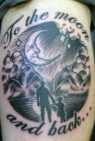 Commemorative black and white father woman portrait and moon letter tattoo pattern
