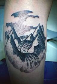 Simple line of black prickly mountains and river tattoos