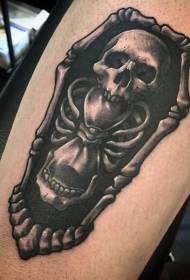 Impressive black and white skeleton combination coffin tattoo pattern