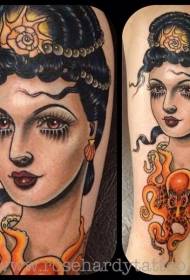 ხბოს ძველი სკოლის სილამაზის პორტრეტი Octopus tattoo- ის ნიმუშით