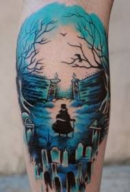 Shank blue mysterious man in cemetery tattoo pattern