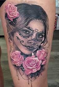 Calf school death girl and pink rose tattoo pattern