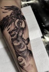 Engraving style black bear fighting owl tattoo pattern