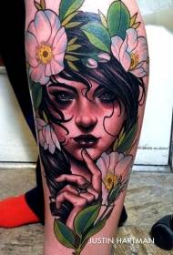 Calf modern traditional style color woman flower tattoo pattern