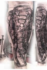 小腿大象线条风格纹身图案