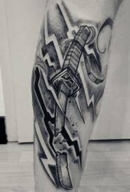 Padrão de tatuagem katana preto e branco estilo cartoon de haste