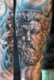 Beautifully hand-painted Poseidon statue tattoo pattern