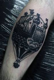 Kalf old school zwarte ballon met boot en kasteel tattoo patroon