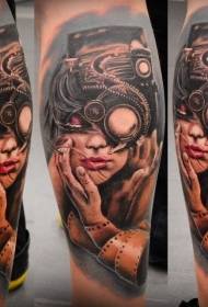 Calf color colored mechanical with female portrait tattoo pattern