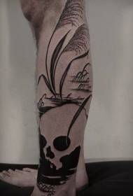 Calf black and white scull with lakeside reed tattoo pattern