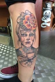 Calf sketch style colorful beautiful girl flowers and teacup tattoo pattern