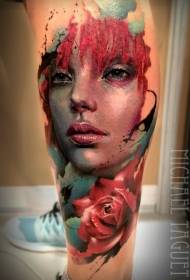 Calf new school colored rose and woman portrait tattoo pattern