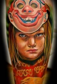 Color girl portrait with clown mask tattoo pattern