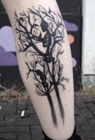 Calf magical black flowering tree with skeleton family tattoo pattern