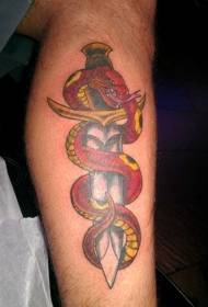 Red snake winding dagger tattoo pattern