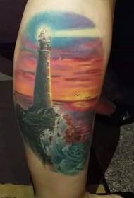 Shank wonderful colorful lighthouse sunset tattoo pattern