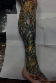 Shank cartoon colored jellyfish with diver tattoo pattern