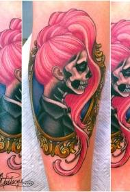 Pink long braided skeleton girl tattoo pattern