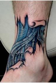Ankle peeling blue mechanical tattoo pattern