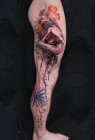 腿部水彩风格彩色抽象女人与花朵纹身图案
