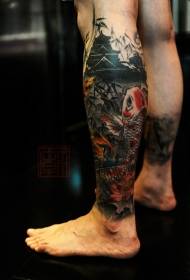 Shank Asian traditional colorful carp and temple tattoo pattern