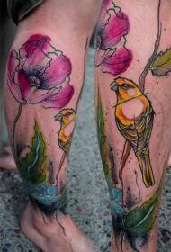 Calf watercolor style bird flower tattoo pattern