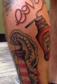 Calf school ketchup bottle with lighthouse letter tattoo pattern