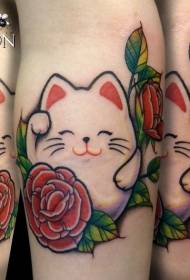 Colorful cute cartoon lucky cat with rose tattoo pattern