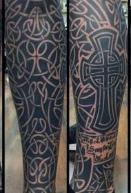 Calf spectacular black letters and celtic cross tattoo pattern