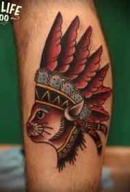 Calf old school colored indian cat tattoo pattern