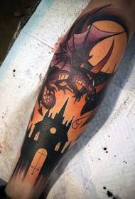 Old school sötét kastély fantasy dragon kombinált tetoválás mintával