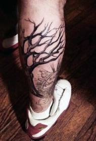 Calf black lonely tree with graveyard tattoo pattern