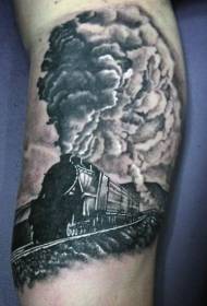 Padrão de tatuagem de trem a vapor retrô preto e branco realista de perna