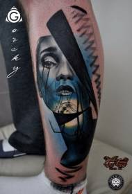 Shank female portrait with line decorative tattoo pattern