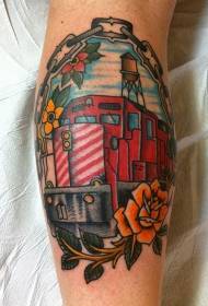 Old school kalf kleur trein ketting en bloem tattoo patroon