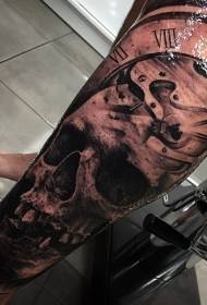 Calf incredible black and white skull with clock tattoo pattern