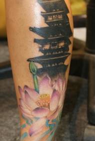 Calf black asian temple and colorful lotus tattoo pattern