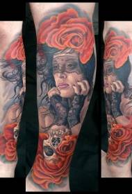 Calf realistic style beautiful woman with rose and skull tattoo pattern