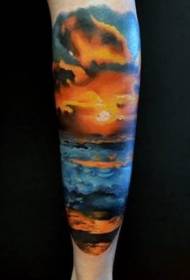 Calf romantic colorful ocean sunset tattoo pattern