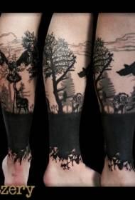 Mysterious black forest with owl and crow shank tattoo pattern