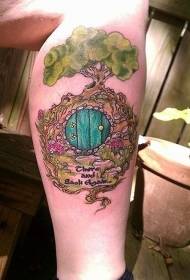 Vicces Hobbit ház nagy fa levél tetoválás mintával