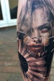 Colorful horror style female portrait and fan tattoo pattern