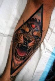 Calf new school black devil lion with black triangle tattoo pattern