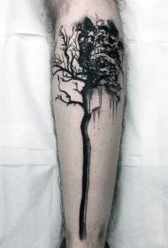 Calf black big tree and sun tattoo pattern