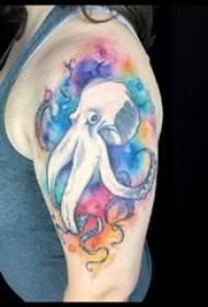 Big arm tattoo illustration colored octopus tattoo picture on girl's arm