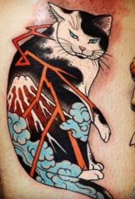 Big arm Japanese traditional cat Fuji mountain tattoo pattern