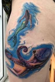Thigh tattoo tradition girl mermaid and octopus tattoo picture on thigh