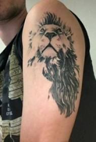 Boys big arm on black point thorn abstract line small animal lion tattoo picture